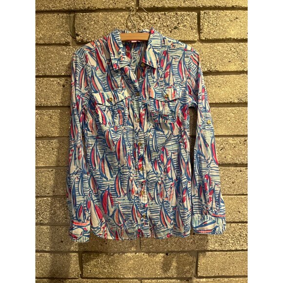 Lilly Pulitzer Sails Print Button-Down Shirt S Bright Multi-Color Long Sleeve Li - Picture 4 of 7